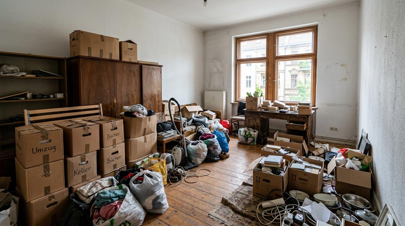 Volumen und Menge bei einer Entrümpelung — überfüllter Raum mit Kartons und Möbeln