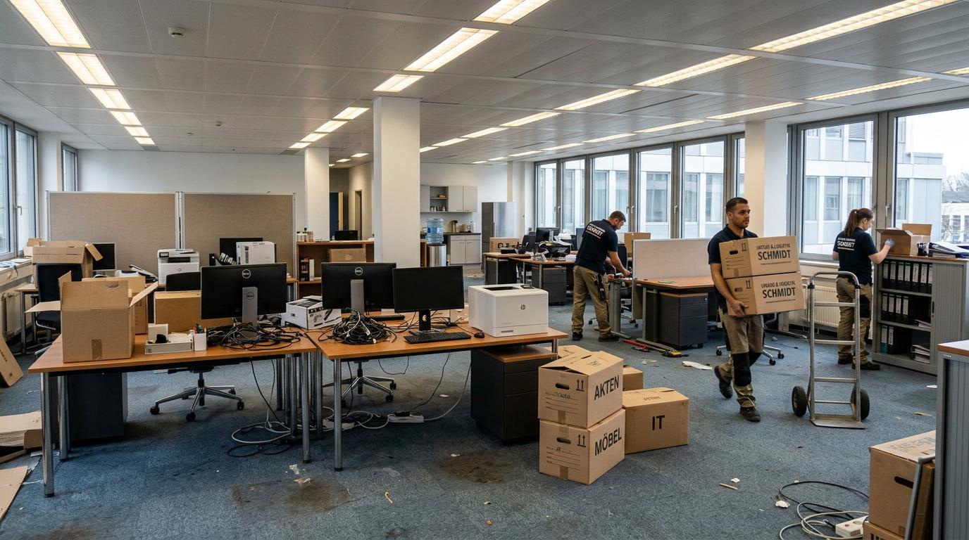 Gewerbeentrümpelung Büro 200 m² — Büromöbel und Elektronik entsorgen