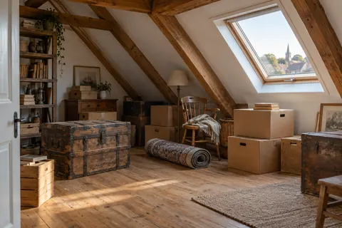 Dachboden mit Holzbalken, Kisten und alten Möbeln als Beispiel für eine Dachbodenräumung.