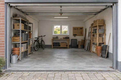 Garage mit Fahrrad, Regalen und gelagerten Gegenständen als Beispiel für eine Garagenräumung.