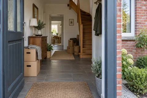 Eingangsbereich eines Hauses mit Treppe, Kommode und Kartons als Beispiel für eine Hausräumung.
