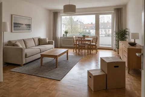 Möbliertes Wohnzimmer mit Sofa, Tisch und Kartons als Beispiel für eine Wohnungsauflösung.