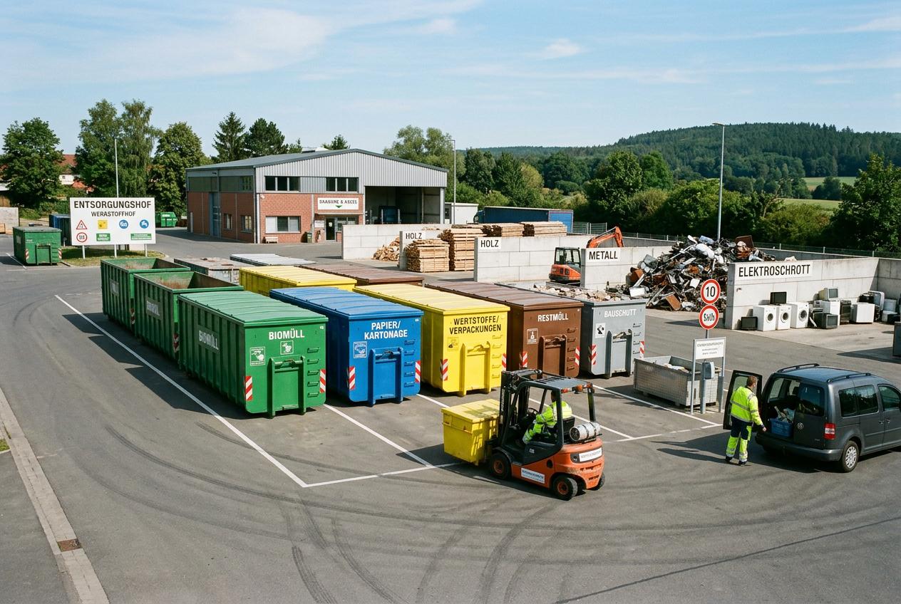 ausgediente Gegenstände nachher - sortierte Container im Entsorgungshof