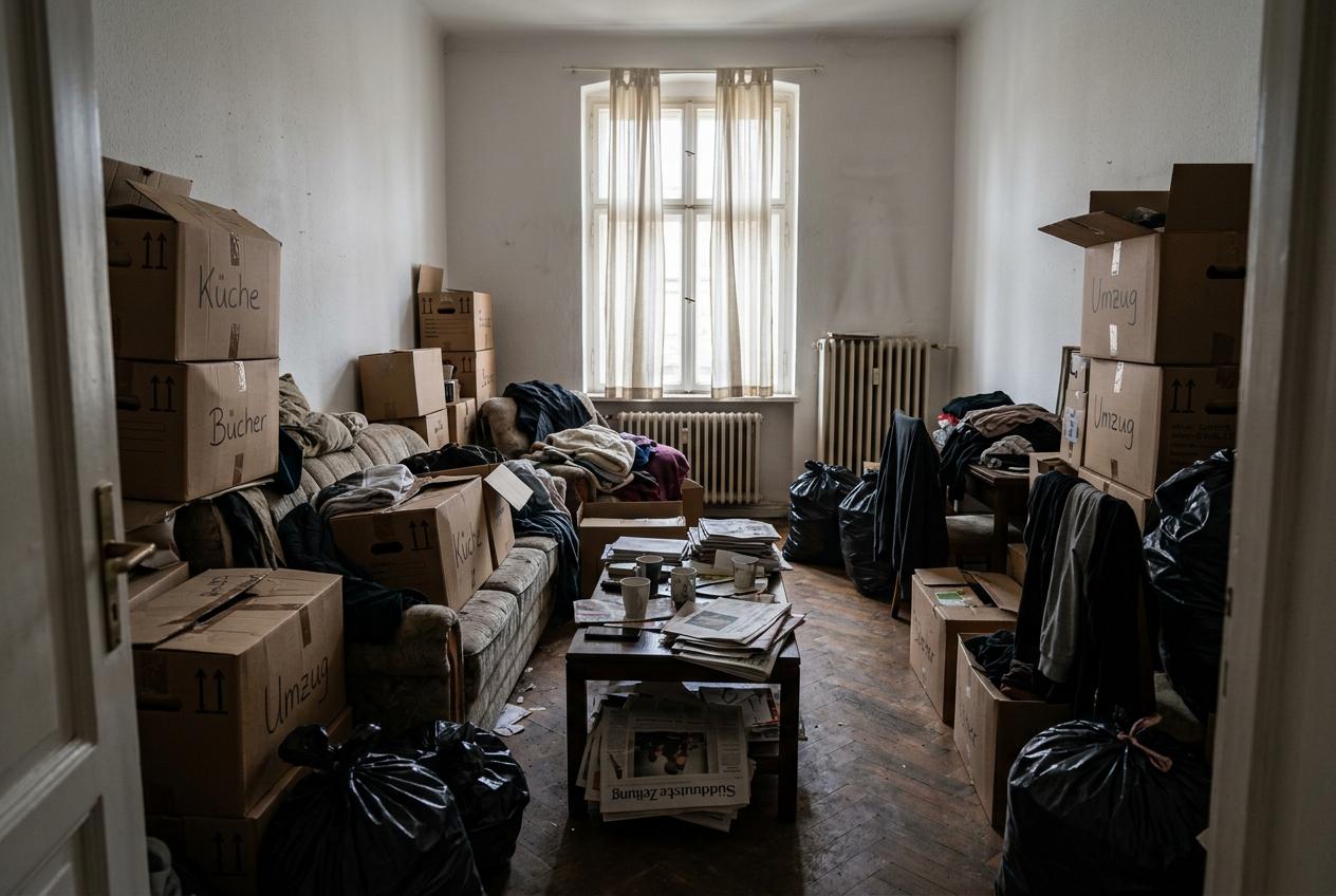 Wohnung vorher - überfüllt mit Kartons und Möbeln